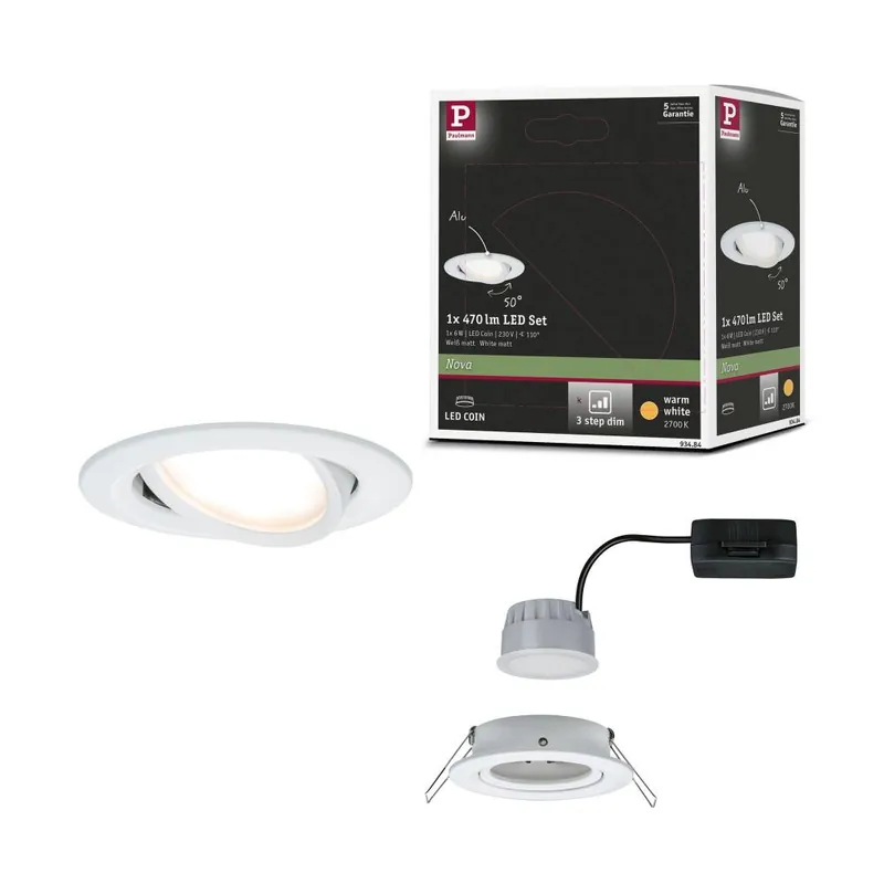 Markenprodukt Paulmann LED Einbauleuchte Nova Coin Einzelspot rund 6W IP23 Weiß (matt) schwenkbar dimmbar 3-step-dim 2700K 230V
