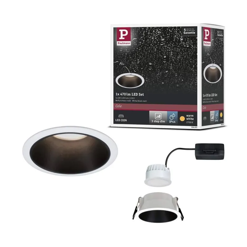 Markenprodukt Paulmann LED Einbauleuchte Cole Coin Weiß/Schwarz matt 6W 470lm 2700K IP44 3-Step-Dim