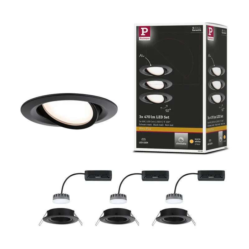 Zertifiziert Paulmann LED Einbauleuchten 3er-Set Nova Plus Coin rund 6W 2700K 470lm IP23 Schwarz matt schwenkbar dimmbar 230V