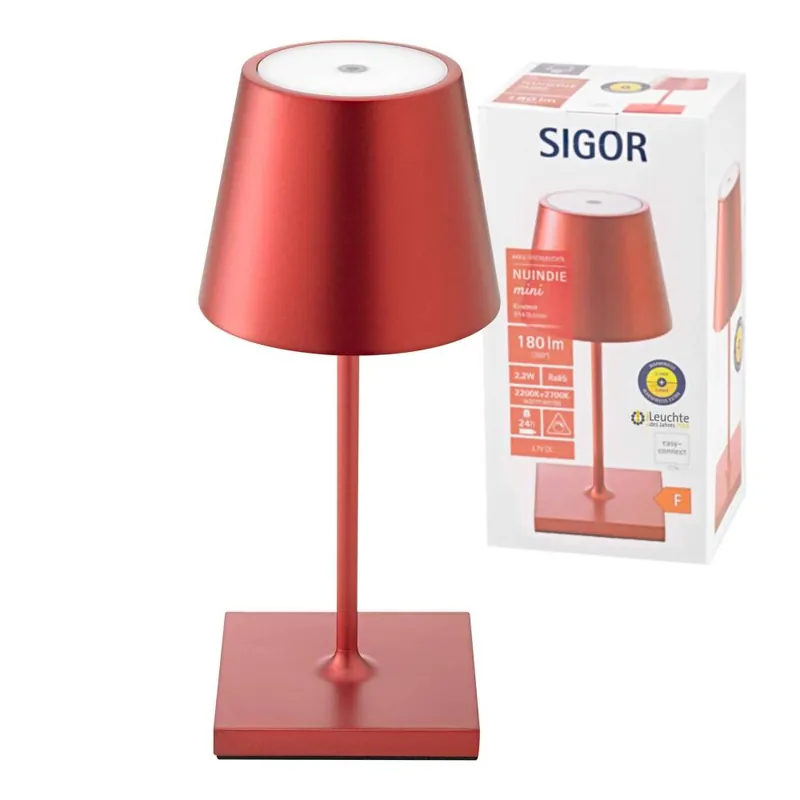 Sigor Nuindie Akku-Tischleuchte mini Kirschrot LED rund 250mm IP54 dimmbar Flex-Mood Easy-Connect Zertifiziert