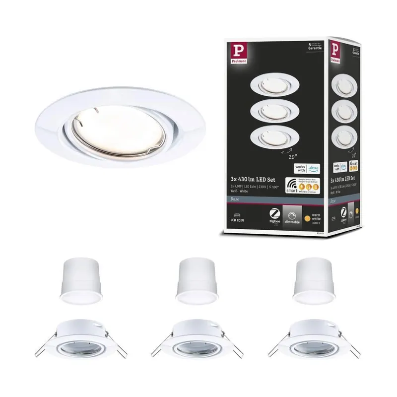 Top-Angebot Paulmann LED Einbauleuchte Smart Home Zigbee Base Coin Basisset schwenkbar rund 90mm 20° 3x4,9W 3x430lm 230V dimmbar 3000K Weiß