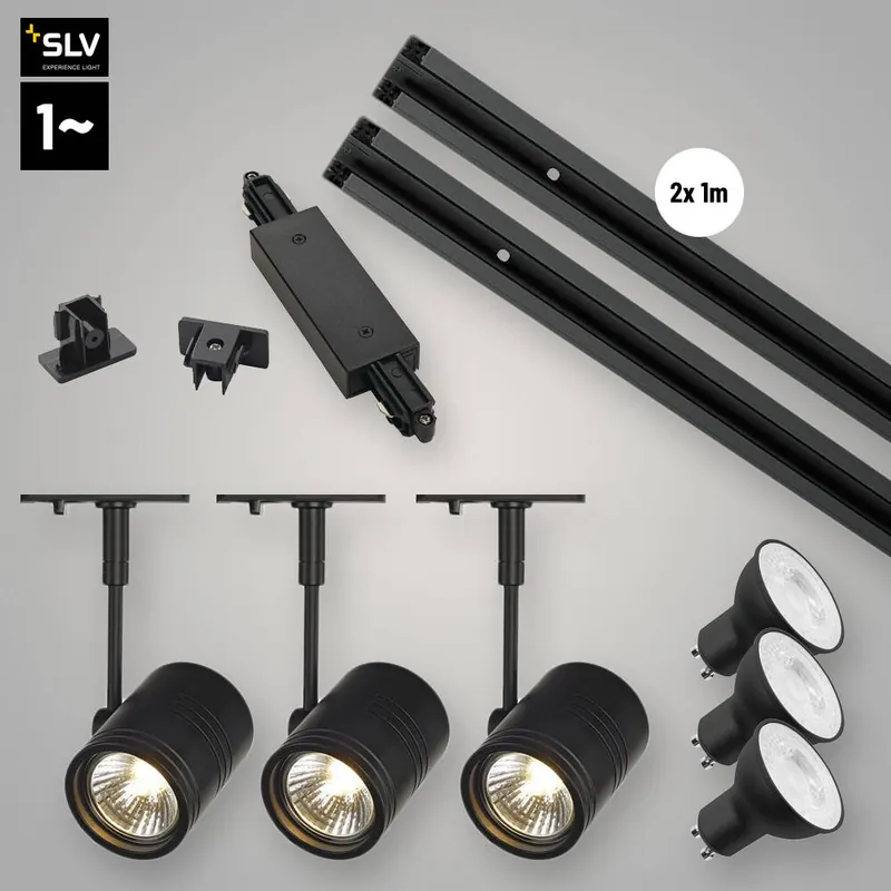 Ausverkauf SLV LED 1-Phasen Hochvolt Schienensystem Set schwarz mit 3x BIMA I Spot + 2x 1m Stromschiene