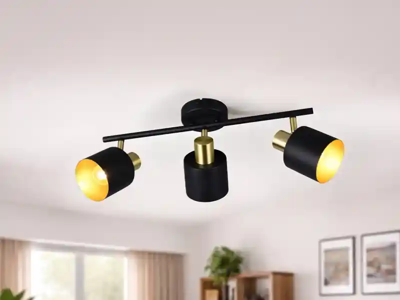 meineWunschleuchte Retro LED Deckenstrahler 3-flammig aus Metall Schwarz Gold, Breite 53,5cm Echt