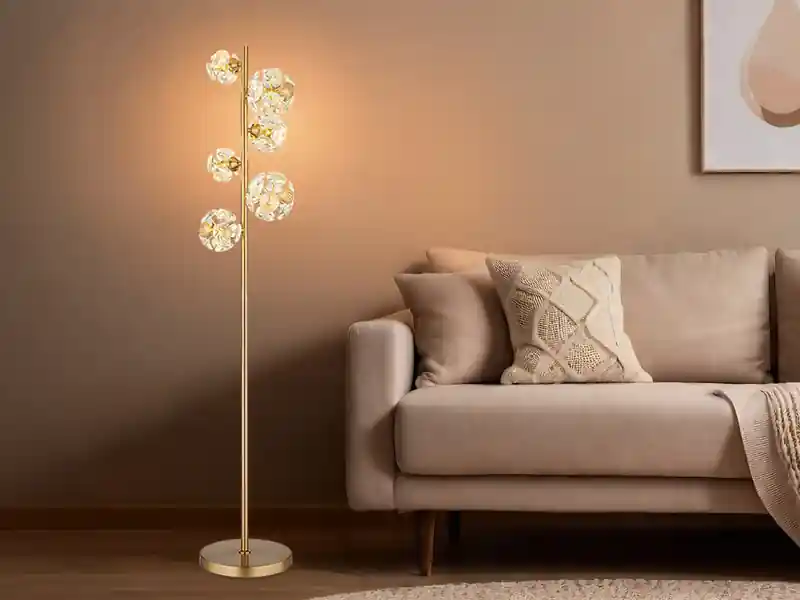 Schneller Versand Globo LED Stehleuchte VIRINA Gold mit fünf Kugeln aus K9 Kristallen, Höhe 155cm