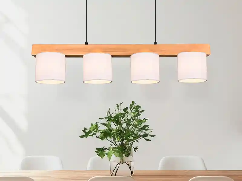 RL LIVE YOUR LIGHT Pendelleuchte CAMERON Holzbalken 4-flammig Stoff Lampenschirme Weiß, B: 75cm Highlight