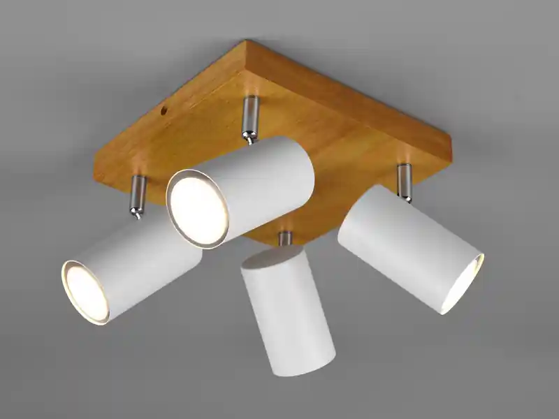 Trio Leuchten Deckenstrahler MARLEY Weiß mit Holz 4-flammig, Quadrat 22cm Zertifiziert