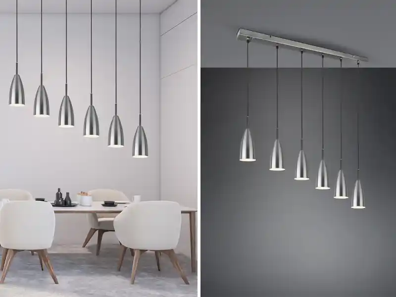 RL LIVE YOUR LIGHT Pendelleuchte FARIN Silber 6 flammig Metall Lampenschirme Ø8cm, Breite 90cm Knallerangebot