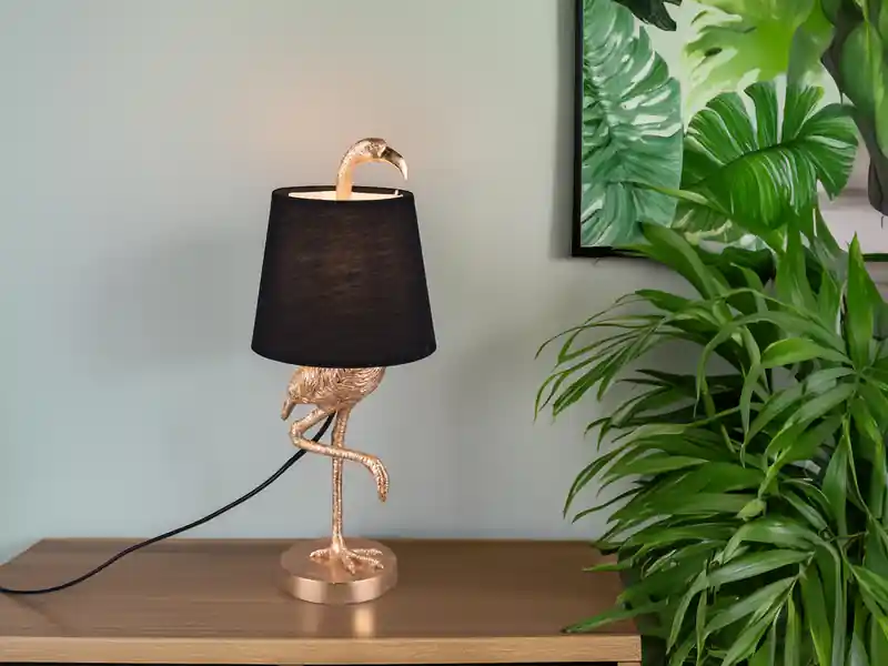 Zertifiziert RL LIVE YOUR LIGHT Retro Tischleuchte LOLA Flamingo Gold mit Stoffschirm in Schwarz, Höhe 42cm