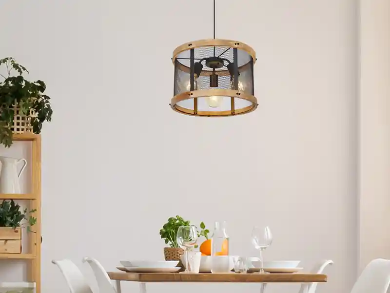 Neu Im Sortiment Globo Pendelleuchte JEANIE mit Holz & Gitter 3-flammig Schwarz, Ø 40cm