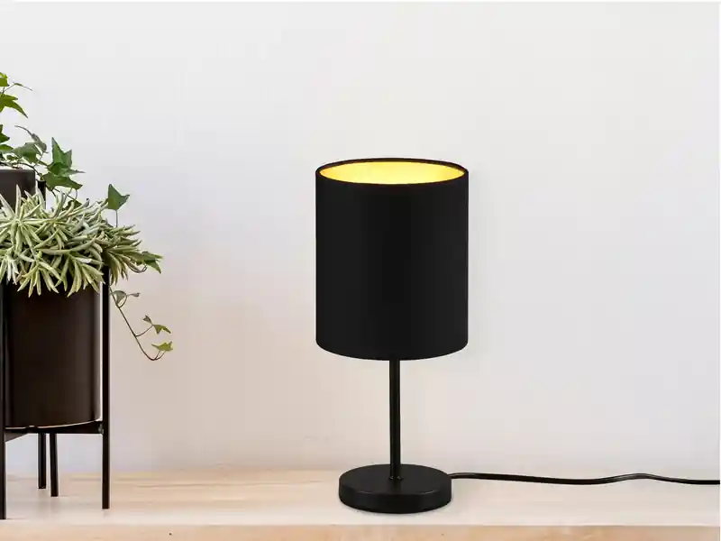 Online Kaufen RL LIVE YOUR LIGHT Tischleuchte JERRY 1-flammig Metall Stoffschirm in Schwarz/Gold, Höhe 28cm