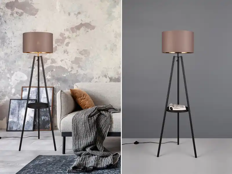 RL LIVE YOUR LIGHT Tripod Stehleuchte COLETTE, Stoffschirm Taupe/Gold & Ablagetisch, Höhe 152cm Begrenztes Angebot