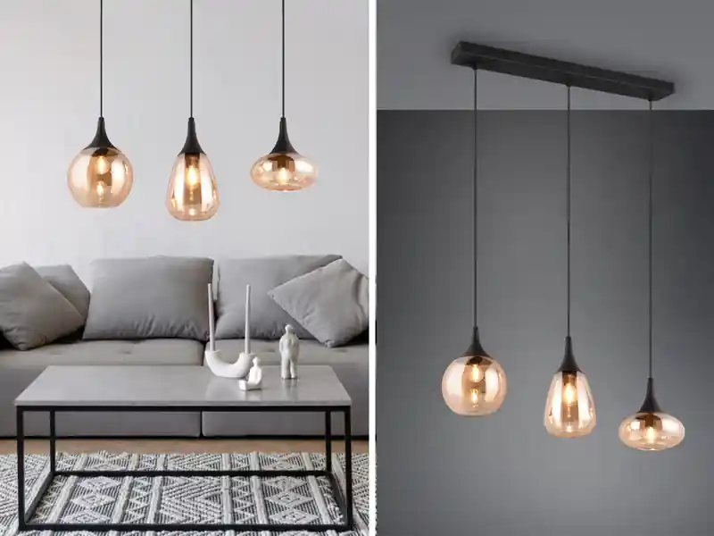 Wochenendangebot meineWunschleuchte Ausgefallene LED Pendelleuchte 3-flammig, Glas amberfarbig, Breite 70cm