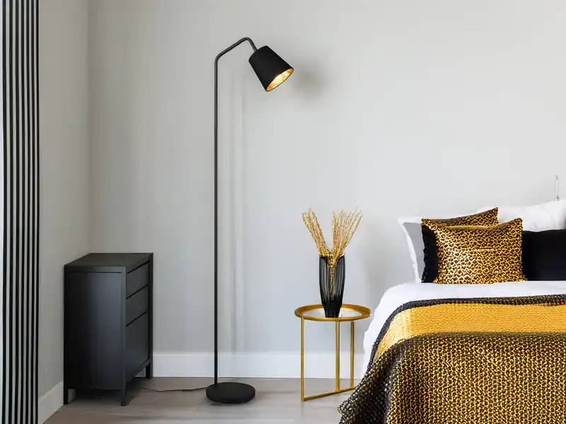 RL LIVE YOUR LIGHT Stehleuchte BUDDY Spot schwenkbar, Metall & Stoffschirm Schwarz/Gold, Höhe 148cm Schneller Versand