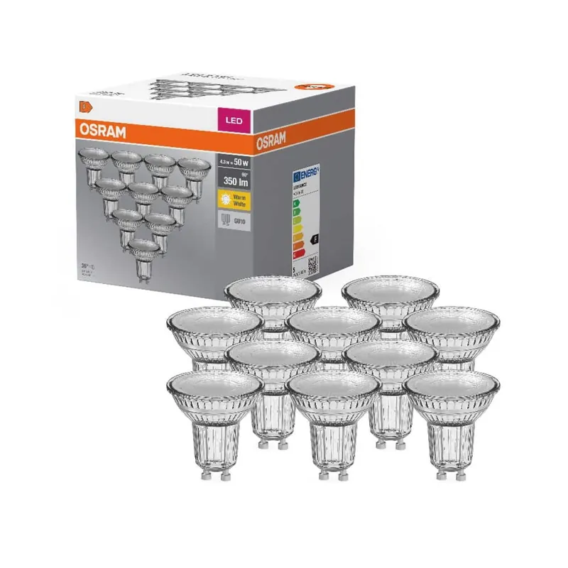 10er Pack OSRAM LED BASE PAR16 GU10 LED Strahler 4.3W 36° 2700K warmweiss 350Lm Bestseller