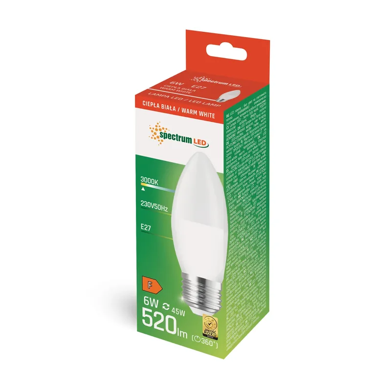 LED E27 C37 Kerzenform 6W = 45W 520lm Warmweiß 3000K Echt